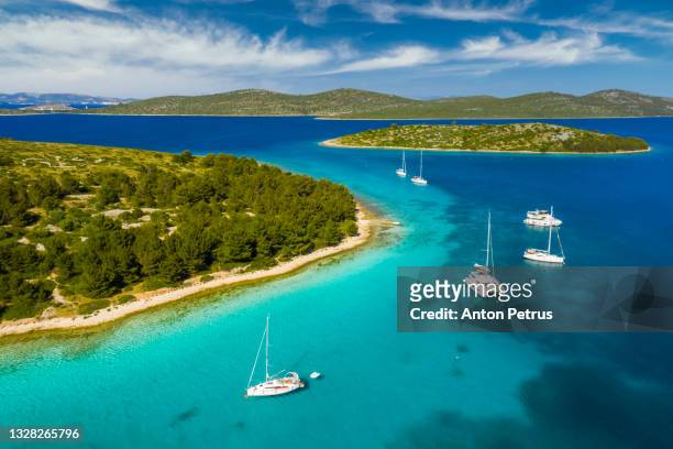 aerial view of yachts in kornati island archipelago. kornati national park, croatia - kroatie stockfoto's en -beelden