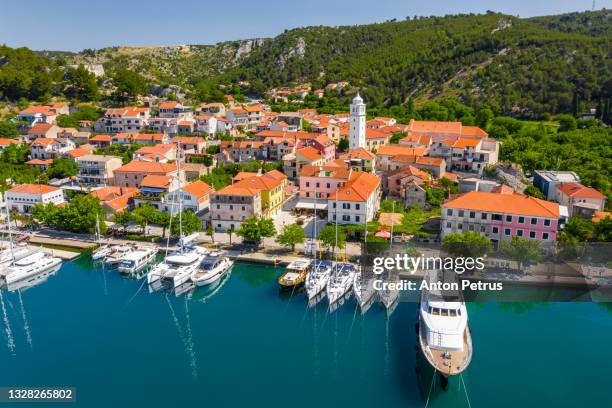 aerial view of old town of skradin in croatia - šibenik stock pictures, royalty-free photos & images