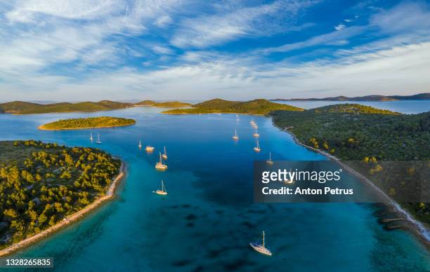aerial view of yachts in kornati island archipelago. kornati national park, croatia - croatia sailing stock pictures, royalty-free photos & images