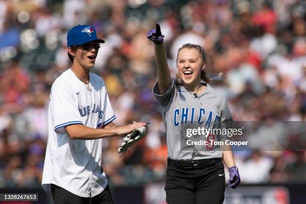 Social Media Influencer Josh Richards with Media Personality JoJo Siwa during the MLB All-Star Celebrity Softball Game at Coors Field on July 11,...