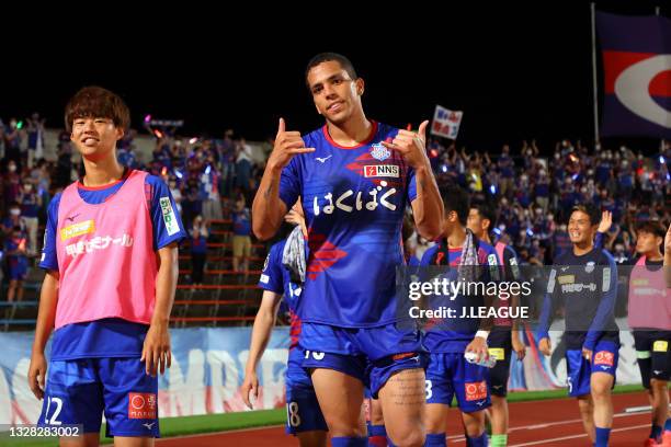 Of Ventforet Kofu poses for photographs after the J.League Meiji Yasuda J2 match between Ventforet Kofu and Ehime FC at the JIT Recycle Ink Stadium...