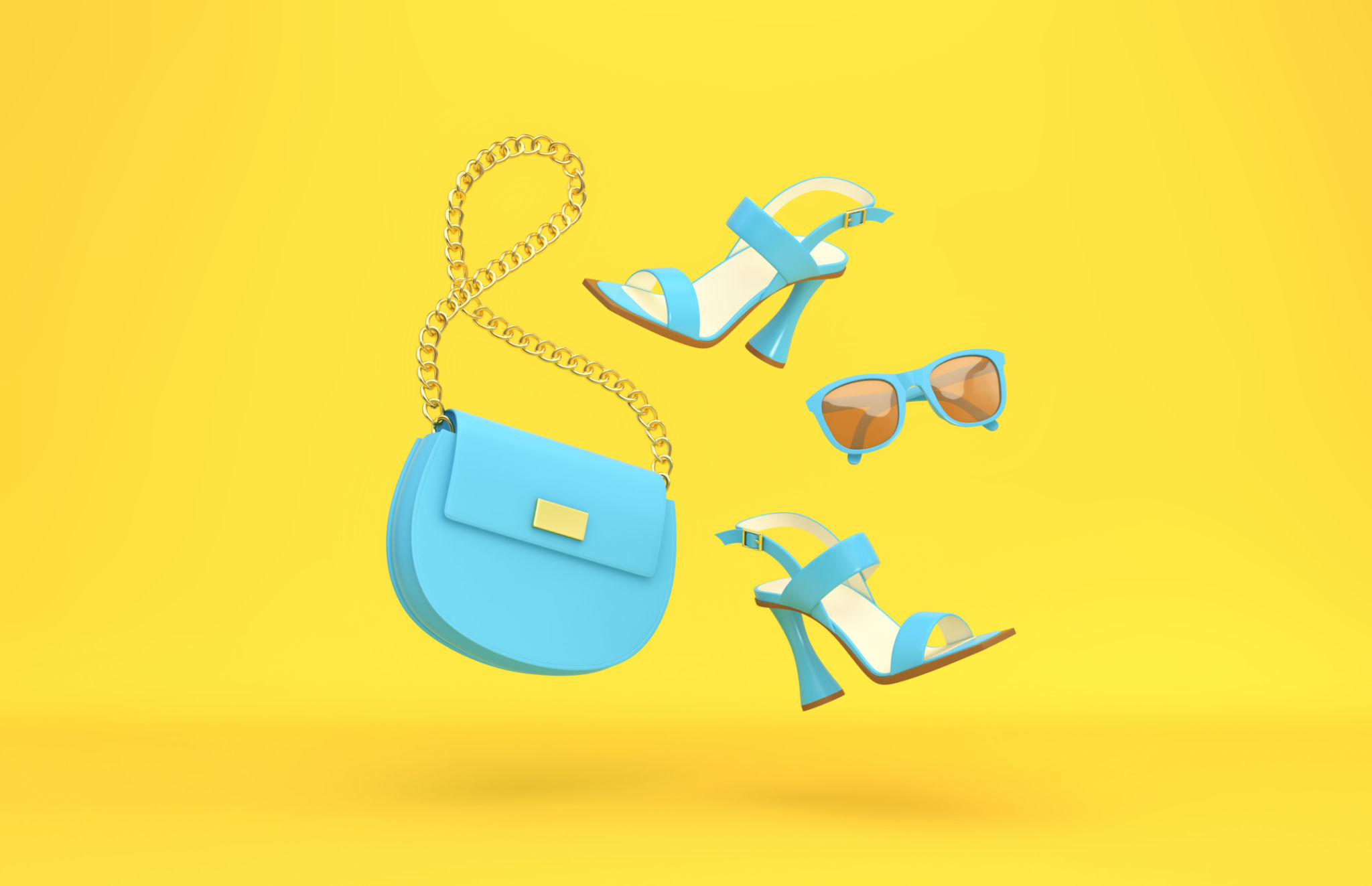 Blue women's bag, high heels, sunglasses flying over yellow background Blue women's bag, high heels, sunglasses flying over yellow background