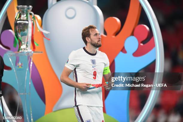 Harry Kane of England looks dejected after the UEFA Euro 2020 Championship Final between Italy and England at Wembley Stadium on July 11, 2021 in...