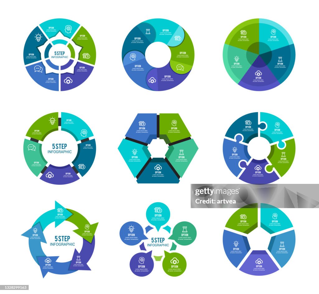 Colorful pie chart collection with 5 sections or steps