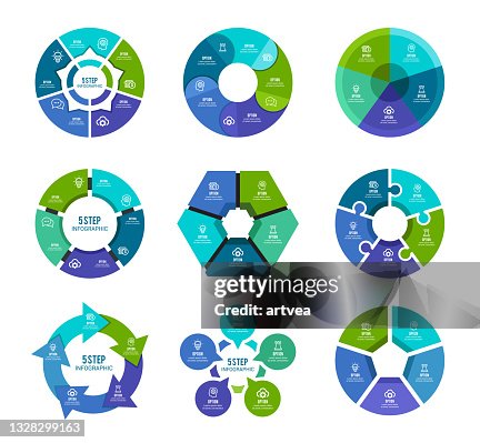 Colorful pie chart collection with 5 sections or steps Colorful pie chart collection with 5 sections or steps