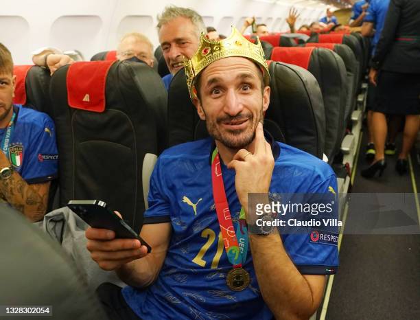 Captain Giorgio Chiellini is seen on the plane during the travel back to Rome following the Euro 2020 victory on July 12, 2021 in Rome, Italy.