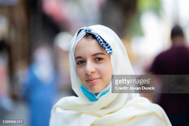 portrait of young muslim girl with hijab - beautiful arabian girls stock pictures, royalty-free photos & images