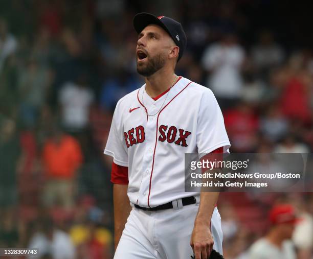 Boston Red Sox relief pitcher Matt Barnes reacts as he heads for the dugout during the 9th inning of the game against the Philadelphia Phillies at...
