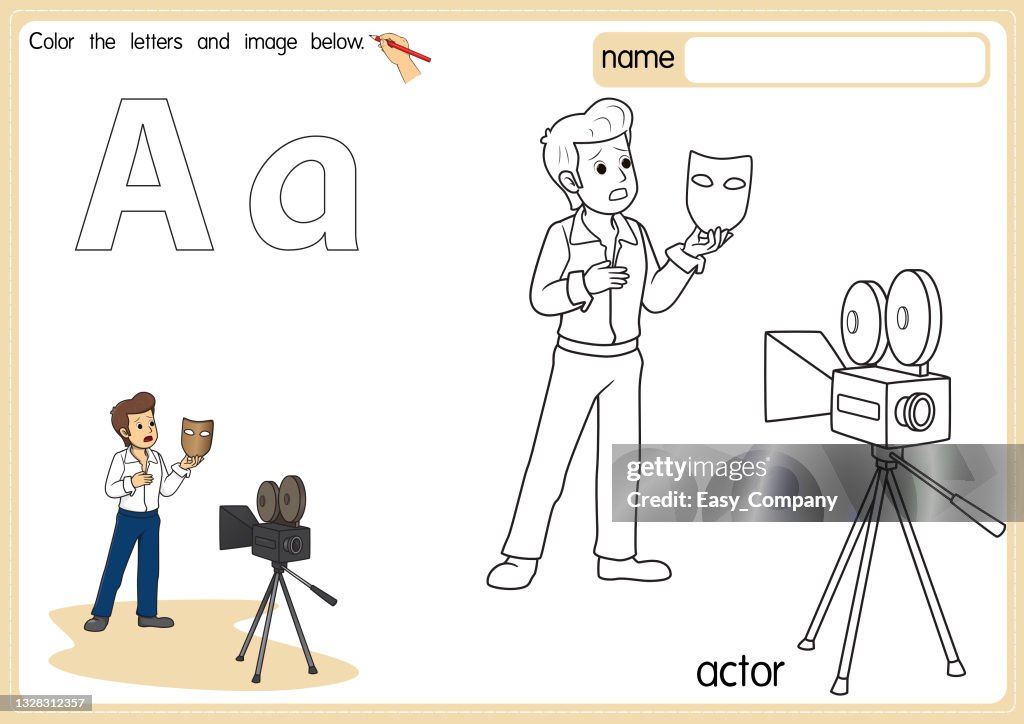 Vector illustration of kids alphabet coloring book page with outlined clip art to color. Letter A for Actor