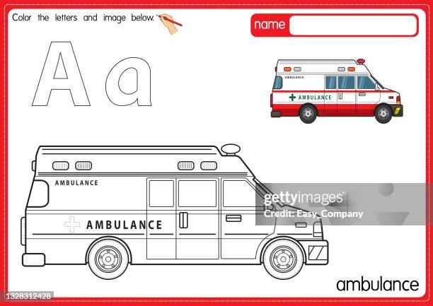 vector illustration of kids alphabet coloring book page with outlined clip art to color. letter a for ambulance. - car warning light stock illustrations