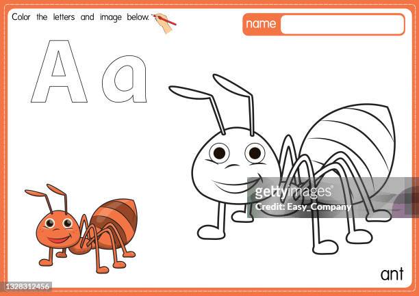 vector illustration of kids alphabet coloring book page with outlined clip art to color. letter a for ant. - ant stock illustrations