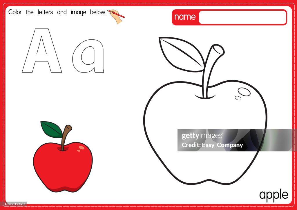 Vector illustration of kids alphabet coloring book page with outlined clip art to color. Letter A for Apple.