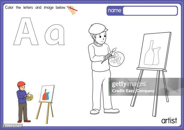 vektorillustration der malbuchseite für kinder mit umrissener clipart zum ausmalen. buchstabe a für künstler. - ausmalen stock-grafiken, -clipart, -cartoons und -symbole