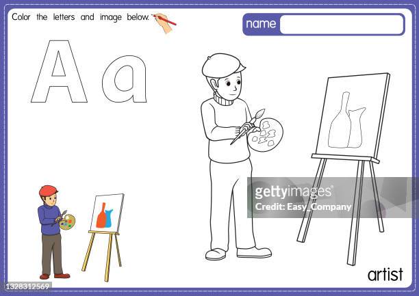 vector illustration of kids alphabet coloring book page with outlined clip art to color. letter a for artist. - easel stock illustrations
