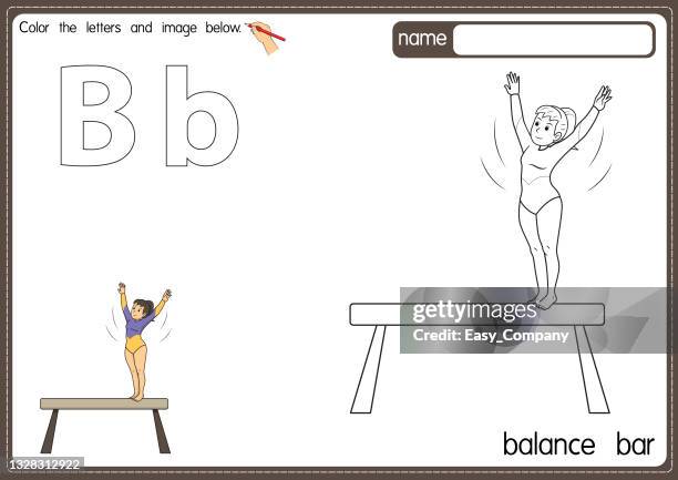 ilustraciones, imágenes clip art, dibujos animados e iconos de stock de ilustración vectorial de la página del libro para colorear del alfabeto infantil con imágenes prediseñadas a color. letra b para barra de equilibrio. - gimnasia artistica