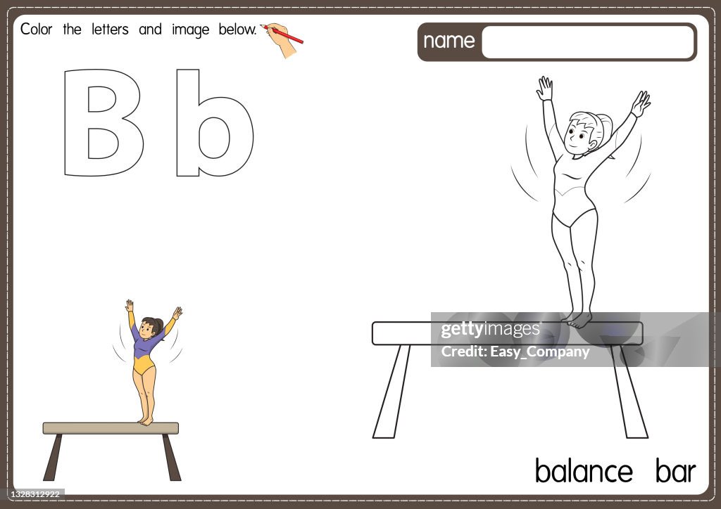 Vector illustration of kids alphabet coloring book page with outlined clip art to color. Letter B for Balance Bar.