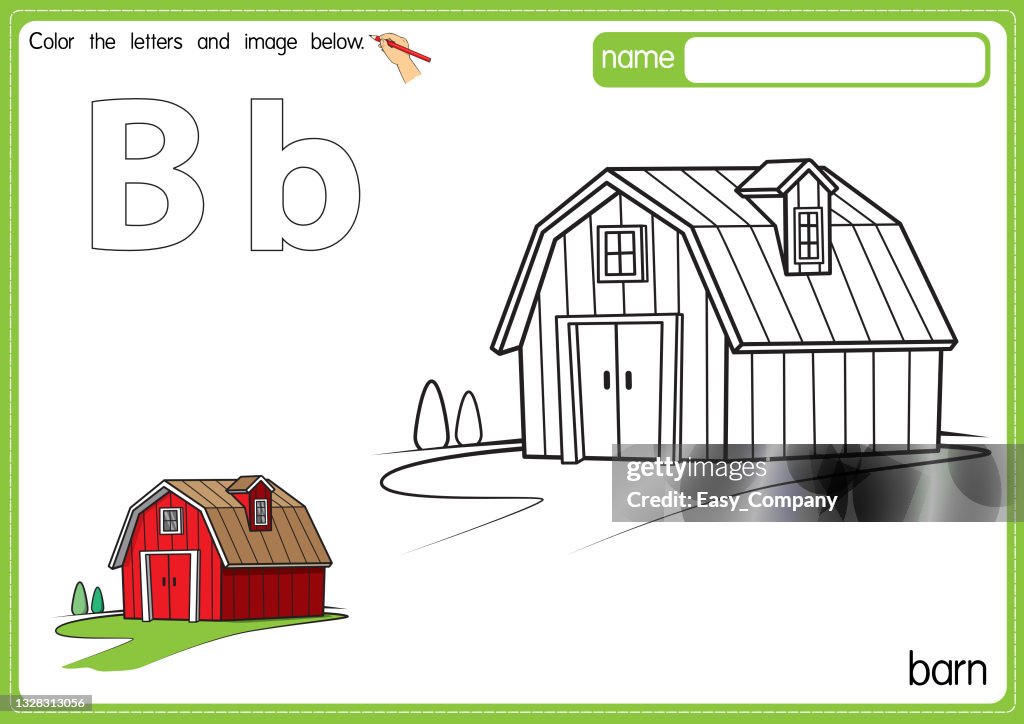 Vector illustration of kids alphabet coloring book page with outlined clip art to color. Letter B for Barn.