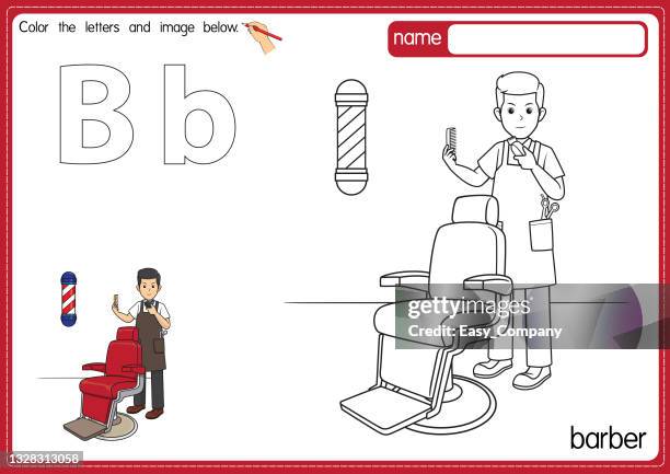 vector illustration of kids alphabet coloring book page with outlined clip art to color. letter b for barber. - hair salon stock illustrations stock illustrations
