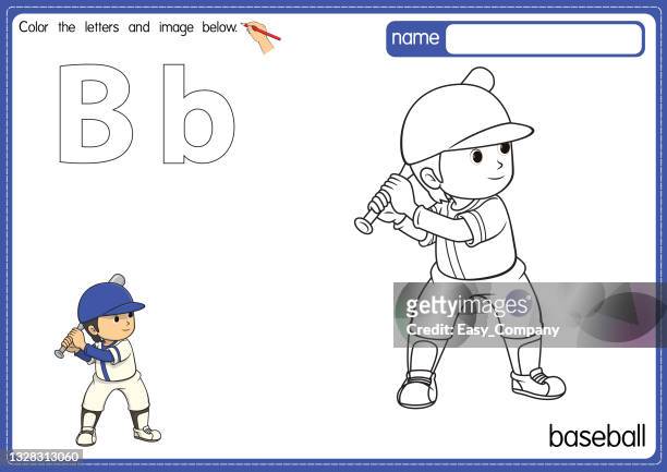 vector illustration of kids alphabet coloring book page with outlined clip art to color. letter b for baseball. - kid baseball pitcher stock illustrations