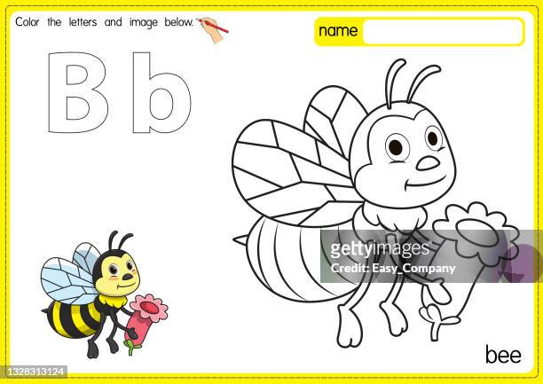 vector illustration of kids alphabet coloring book page with outlined clip art to color. letter b for bee. - worker bee stock illustrations