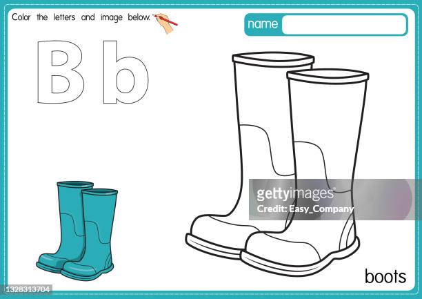 illustrations, cliparts, dessins animés et icônes de illustration vectorielle de la page du livre de coloriage de l’alphabet des enfants avec une image clipart esquissée à colorier. lettre b pour boots. - pair stock