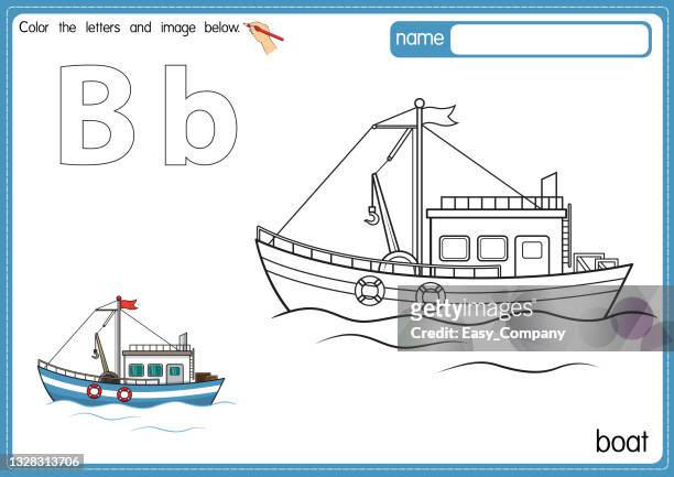 vector illustration of kids alphabet coloring book page with outlined clip art to color. letter b for boat. - motorboating stock illustrations