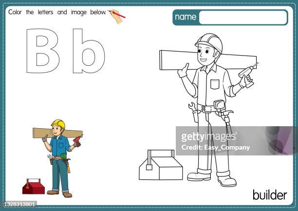 vector illustration of kids alphabet coloring book page with outlined clip art to color. letter b for builder. - combinations stock illustrations