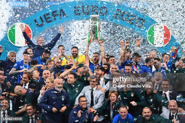 Leonardo Bonucci, Vice-Captain of Italy lifts The Henri Delaunay Trophy following his team's victory in the UEFA Euro 2020 Championship Final between...