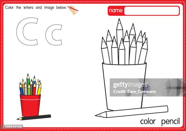vector illustration of kids alphabet coloring book page with outlined clip art to color. letter c for color pencil. - red pen single object stock illustrations