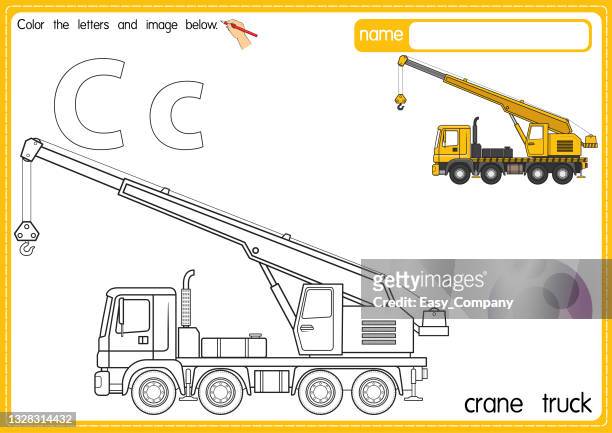 vector illustration of kids alphabet coloring book page with outlined clip art to color. letter c for crane truck. - nursery school building stock illustrations