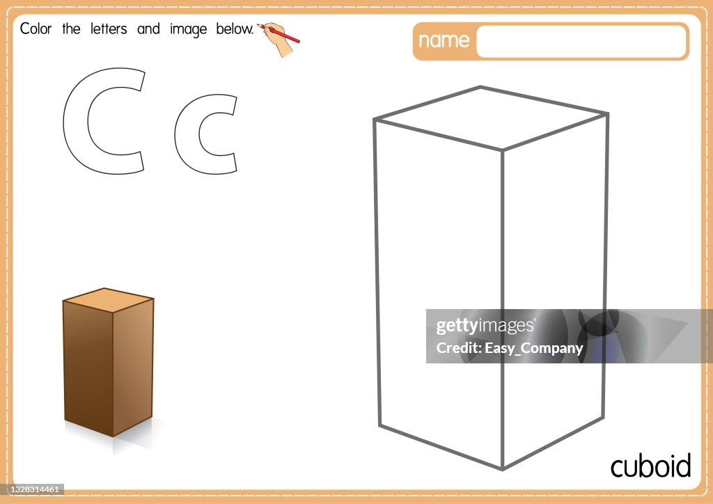Vector illustration of kids alphabet coloring book page with outlined clip art to color. Letter C for Cuboid.