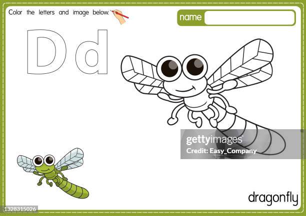 stockillustraties, clipart, cartoons en iconen met vector illustration of kids alphabet coloring book page with outlined clip art to color. letter d for dragonfly. - damselfly