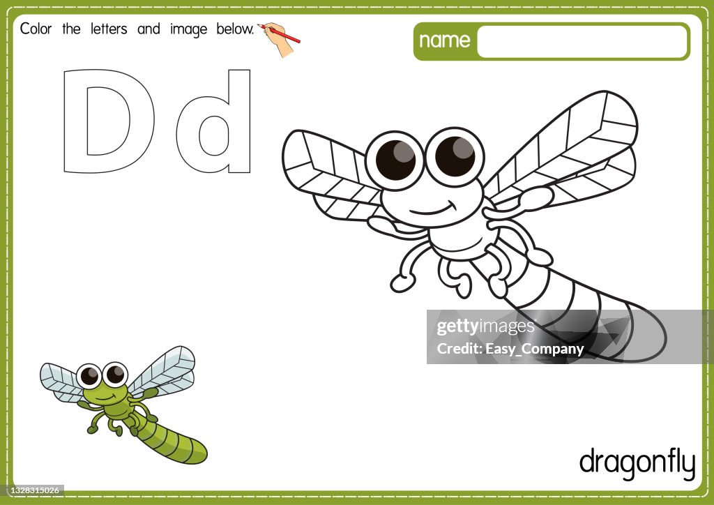 Vector illustration of kids alphabet coloring book page with outlined clip art to color. Letter D for Dragonfly.