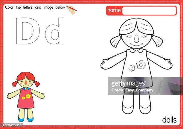 ilustrações de stock, clip art, desenhos animados e ícones de vector illustration of kids alphabet coloring book page with outlined clip art to color. letter d for dolls. - doll house