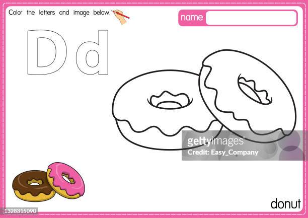 ilustrações, clipart, desenhos animados e ícones de ilustração vetorial de crianças alfabeto página de livro de colorir com delineado clip art para colorir. letra d para donut. - coberto de camada lustrosa