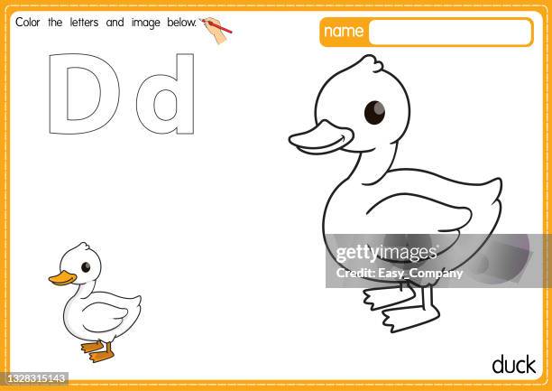 vektorillustration der malbuchseite für kinder mit umrissener clipart zum ausmalen. buchstabe d für ente. - schnabel stock-grafiken, -clipart, -cartoons und -symbole