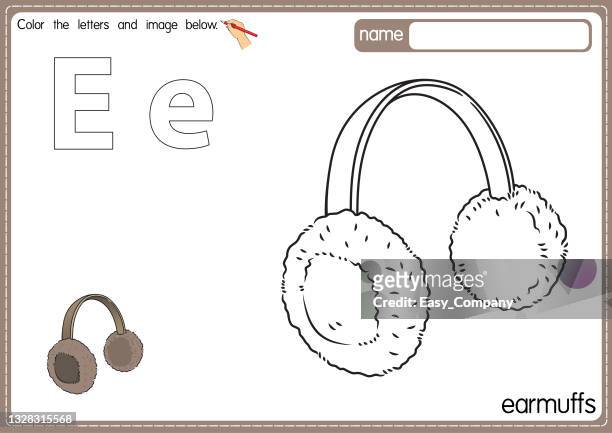 vector illustration of kids alphabet coloring book page with outlined clip art to color. letter e for earmuffs. - fur hat stock illustrations