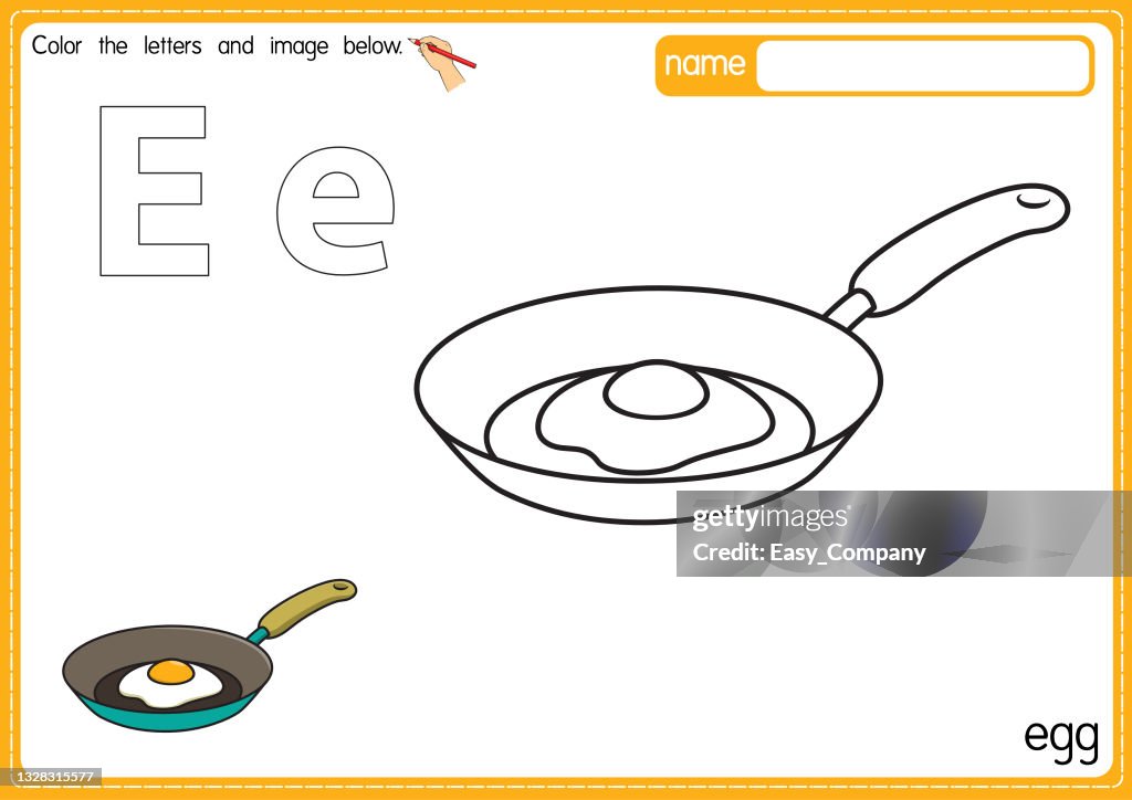 Vector illustration of kids alphabet coloring book page with outlined clip art to color. Letter E for Egg.