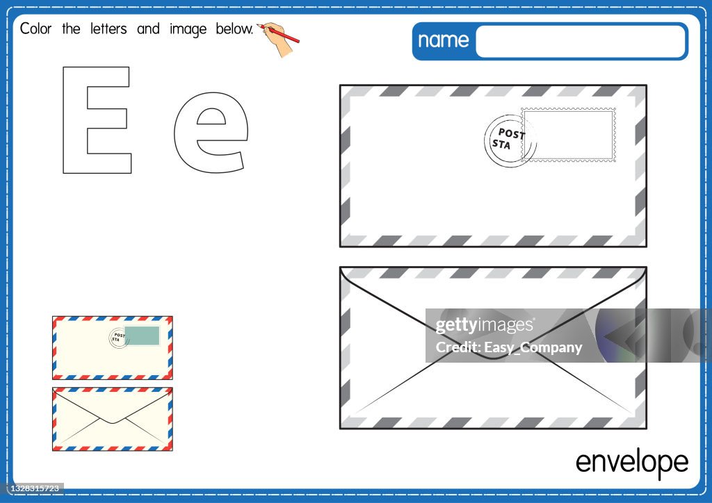Vector illustration of kids alphabet coloring book page with outlined clip art to color. Letter E for Envelope.