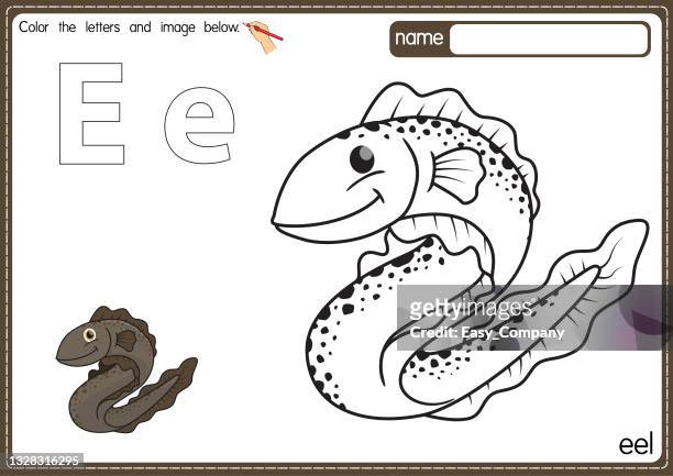 vector illustration of kids alphabet coloring book page with outlined clip art to color. letter e for eel. - fish fingers stock illustrations