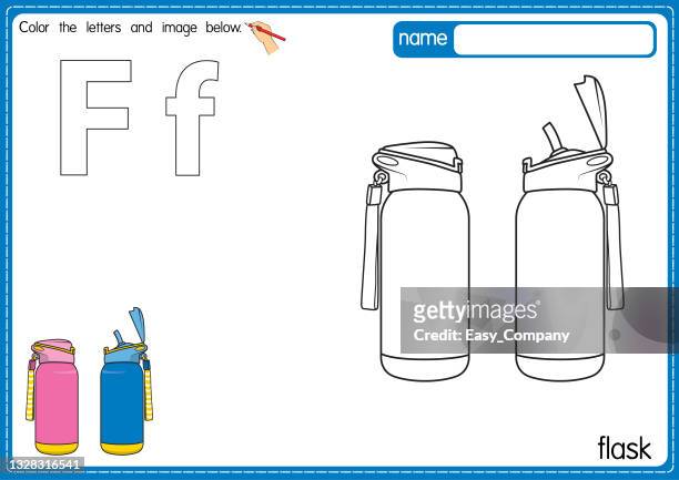 vector illustration of kids alphabet coloring book page with outlined clip art to color. letter f for flask. - drinking flask stock illustrations