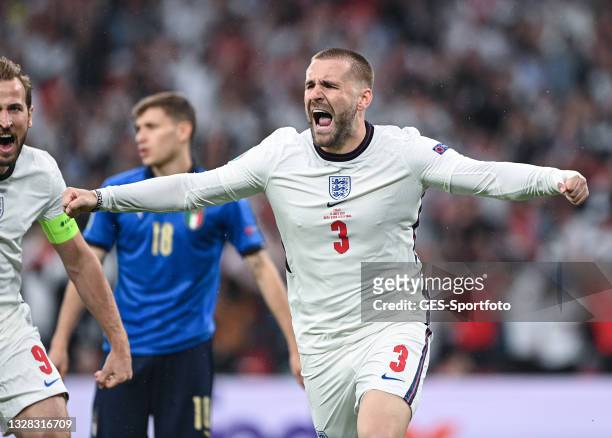 Luke Shaw of England celebrates scoring the opening goal during the UEFA Euro 2020 Championship Final between Italy and England at Wembley Stadium on...