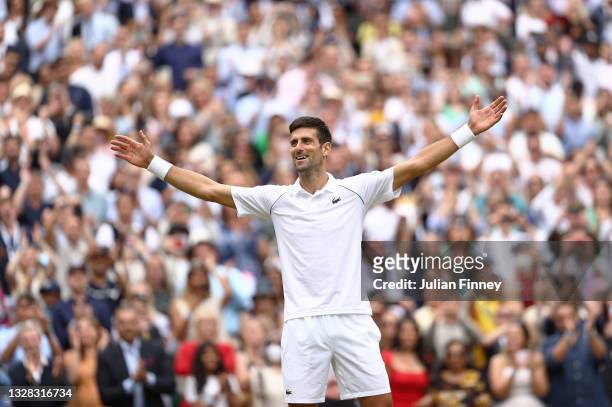 Novak Djokovic of Serbia celebrates winning his men's Singles Final match against Matteo Berrettini of Italy on Day Thirteen of The Championships -...