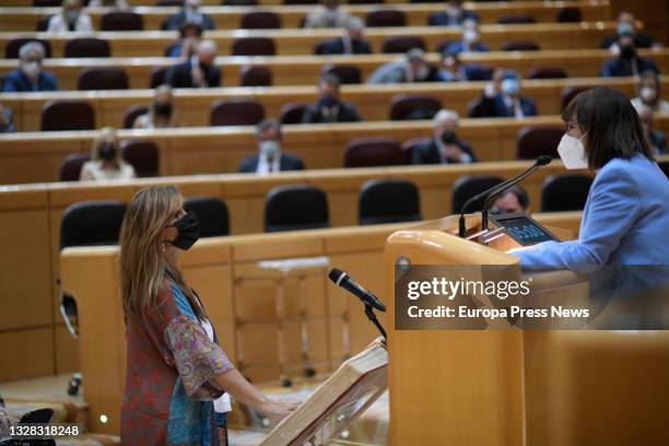 The PP senator Alicia Sanchez Camacho abides by the Constitution, during a plenary session in the Senate, on 12 July, 2021 in Madrid, Spain. During...
