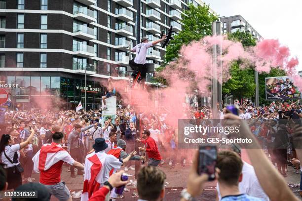 England fans gather outside of the stadium prior the UEFA Euro 2020 Championship Final between Italy and England at Wembley Stadium on July 11, 2021...