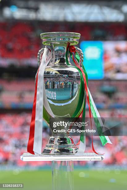 Detailed view of the The Henri Delaunay Trophy is seen prior the UEFA Euro 2020 Championship Final between Italy and England at Wembley Stadium on...