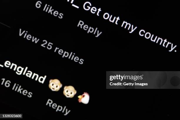 Social media comments featuring racist content directed at the England football team is seen on July 12, 2021 in London, England. England manager...