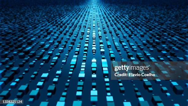 blockchain depicted by hundreds of blue boxes in perspective - vanishing point technology stock pictures, royalty-free photos & images