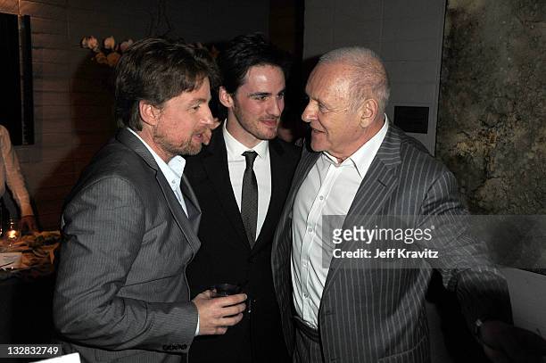 Mikael Hafstrom, Colin O'Donoghue and Anthony Hopkins celebrates at the after party for "The Rite" at My House on January 26, 2011 in Hollywood,...