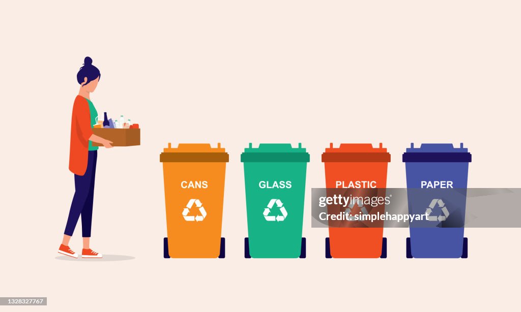 Young Woman Segregating Waste To A Proper Recycling Bin. Reduce Reuse Recycle.